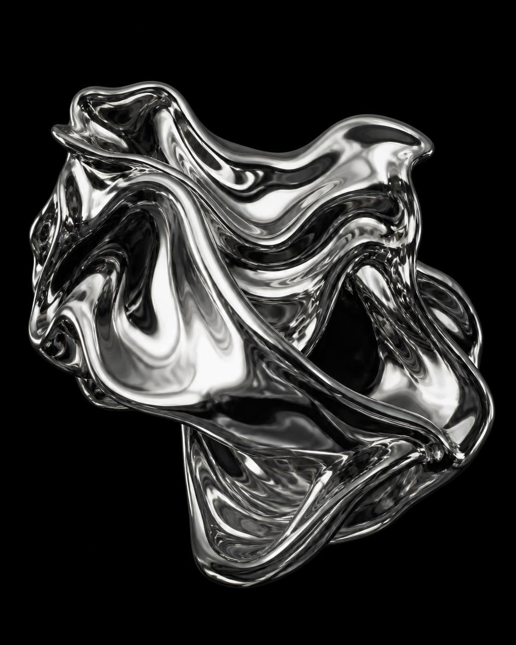 Liquid chrome sculpture folding in a black void